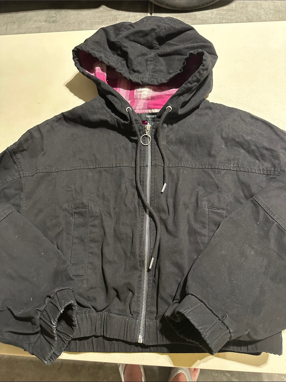 Forever 21 Black Hooded Jacket with Pink plaid Lining